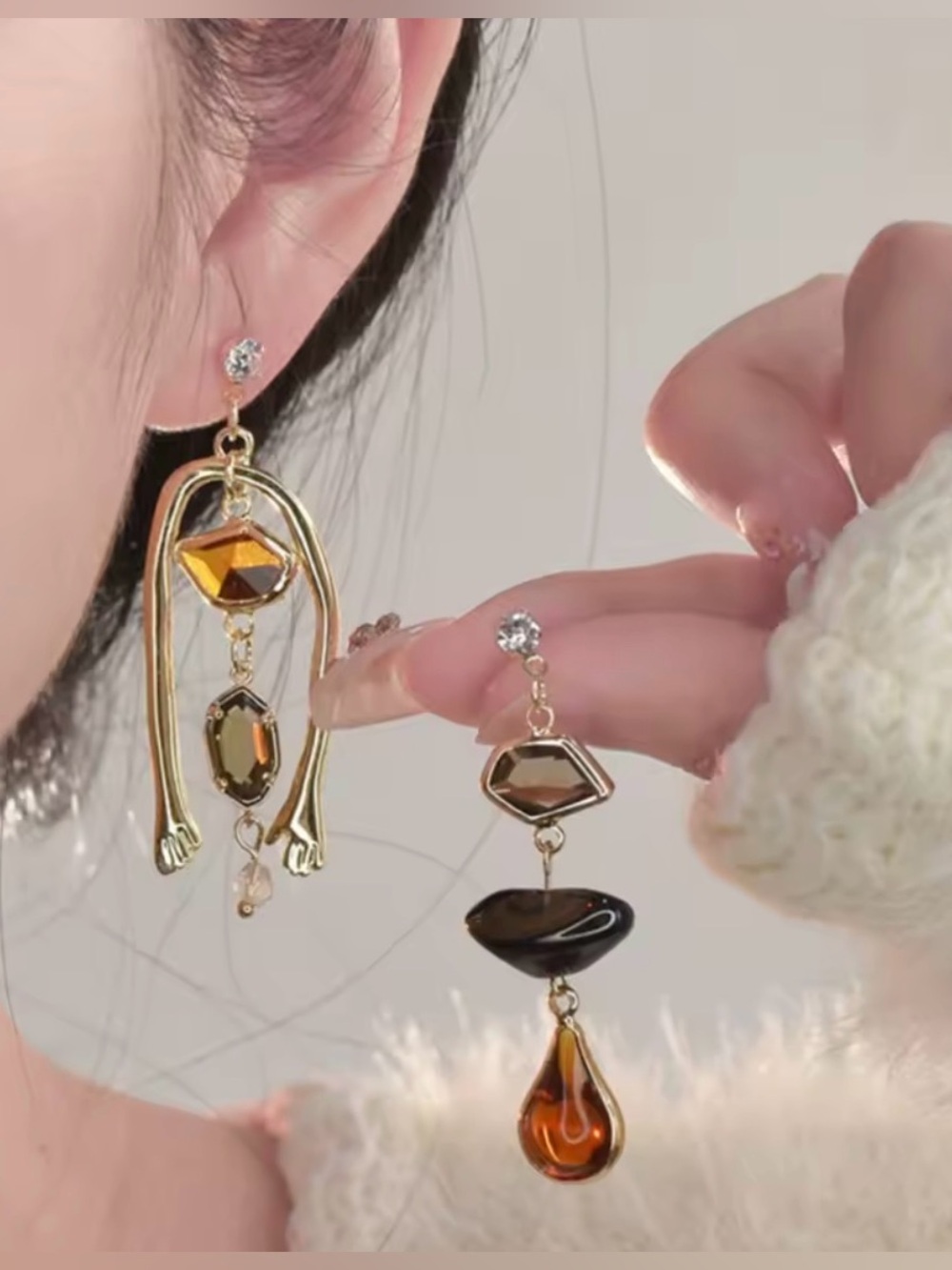 Gold-Tone Asymmetrical Brown Gem Drop Earrings - Picture 2 of 3
